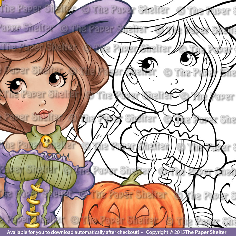 Adorable Halloween Witch - Digital Stamp - Click Image to Close