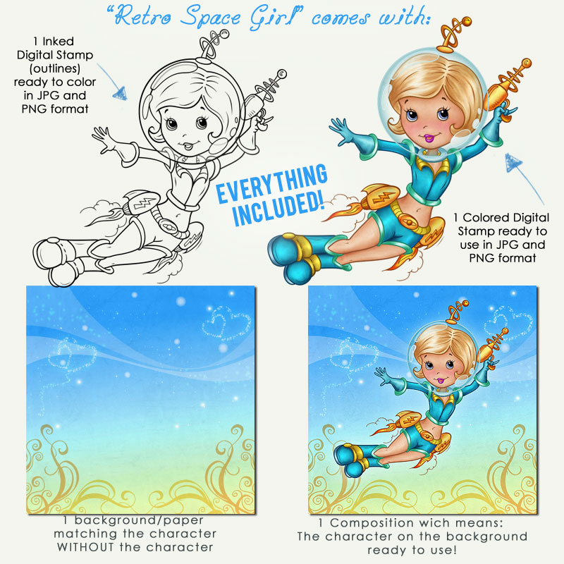 Retro Space Girl - Digital Stamp