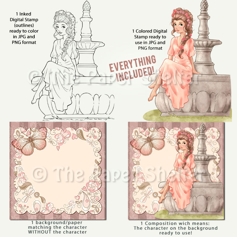 The Lady & The Fountain - Digital Stamp - Click Image to Close