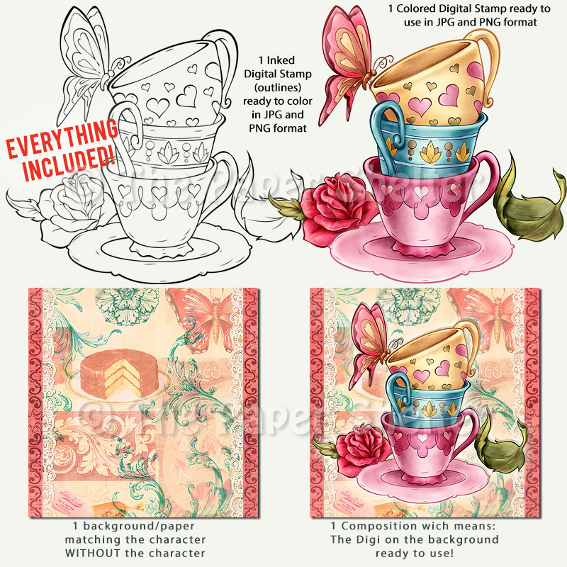 Vintage Tea Cups - Digital Stamp