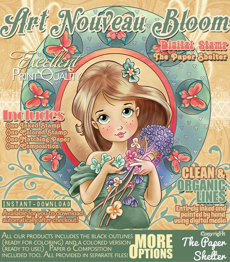 Art Nouveau Bloom - Digital Stamp - Click Image to Close