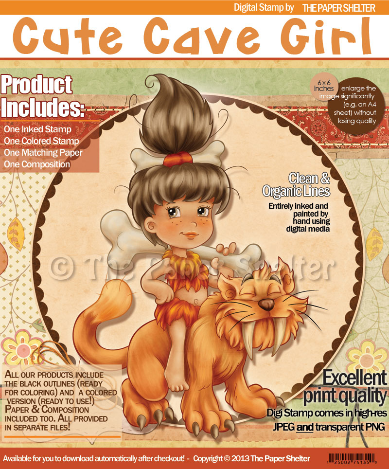 Cute Cave Girl - Digital Stamp - Click Image to Close
