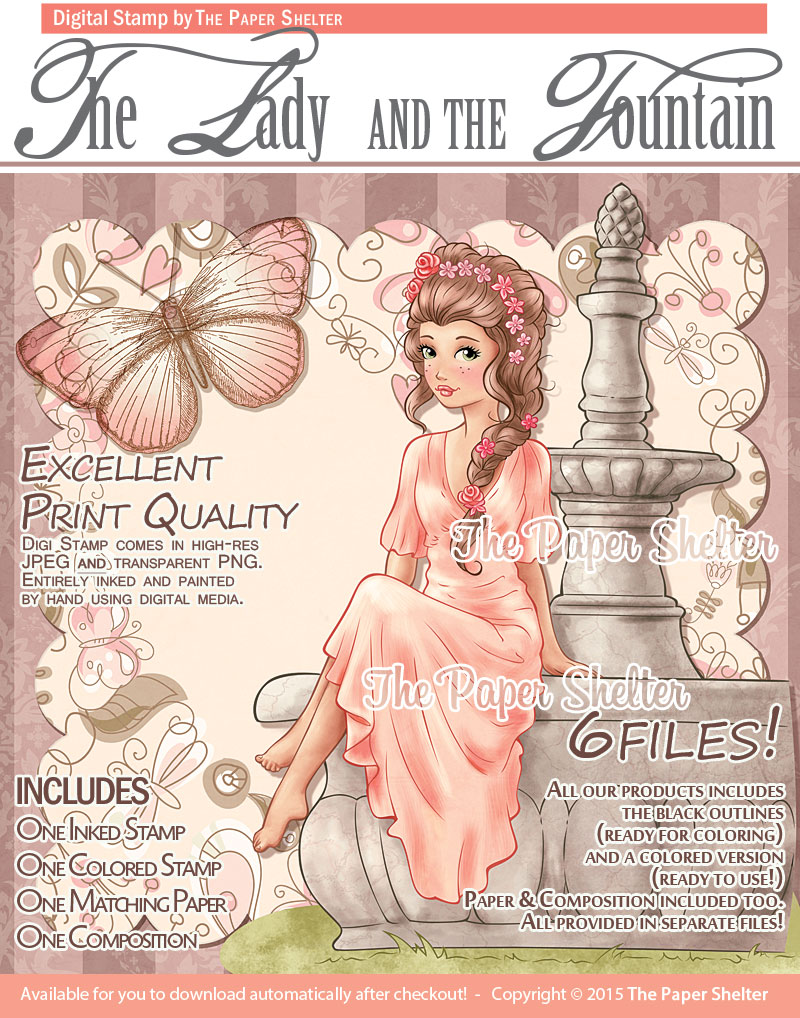 The Lady & The Fountain - Digital Stamp - Click Image to Close