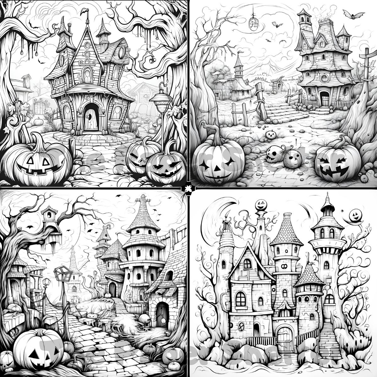 Halloween Castle Scenes - Digital Coloring Book - Click Image to Close