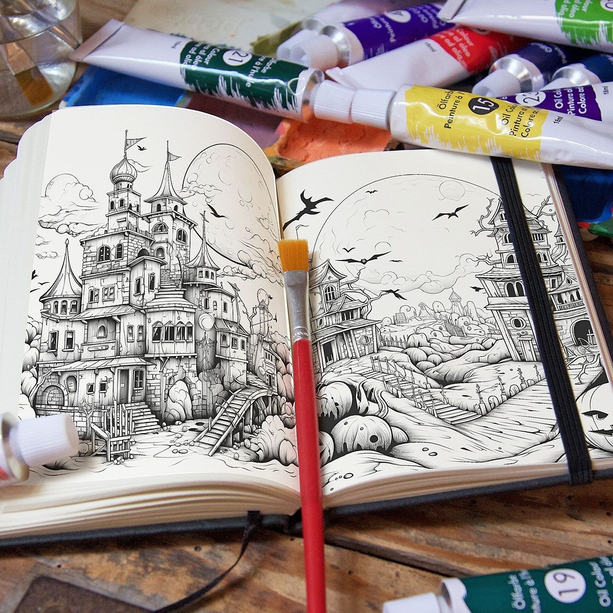 Halloween Castle Scenes - Digital Coloring Book