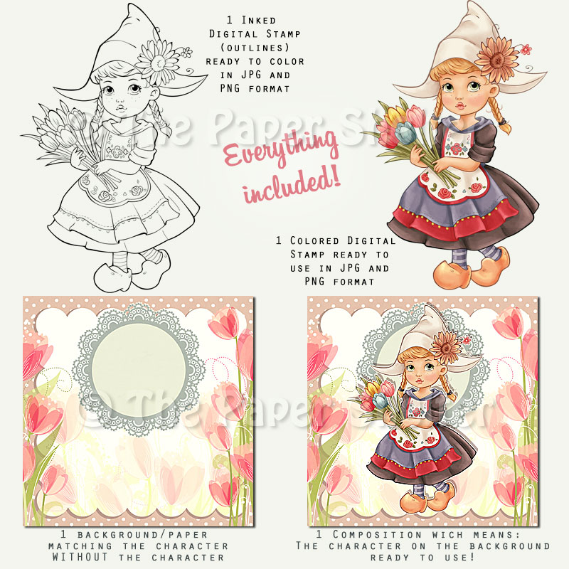 Adorable Dutch Girl - Digital Stamp - Click Image to Close