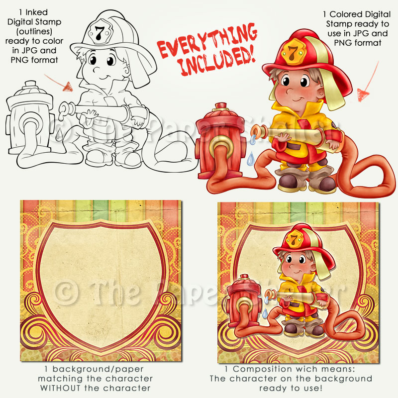 Adorable Fireman - Digital Stamp