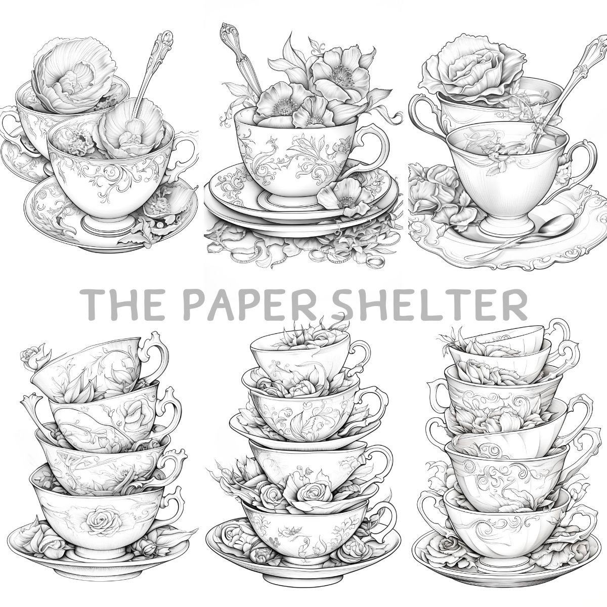 Charming Vintage Teacups - Digital Coloring Book - Click Image to Close