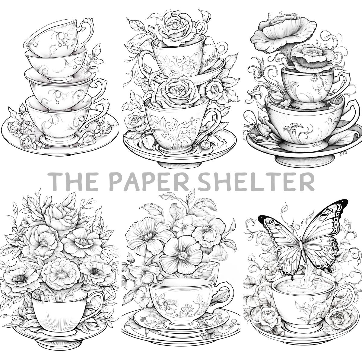 Charming Vintage Teacups - Digital Coloring Book - Click Image to Close
