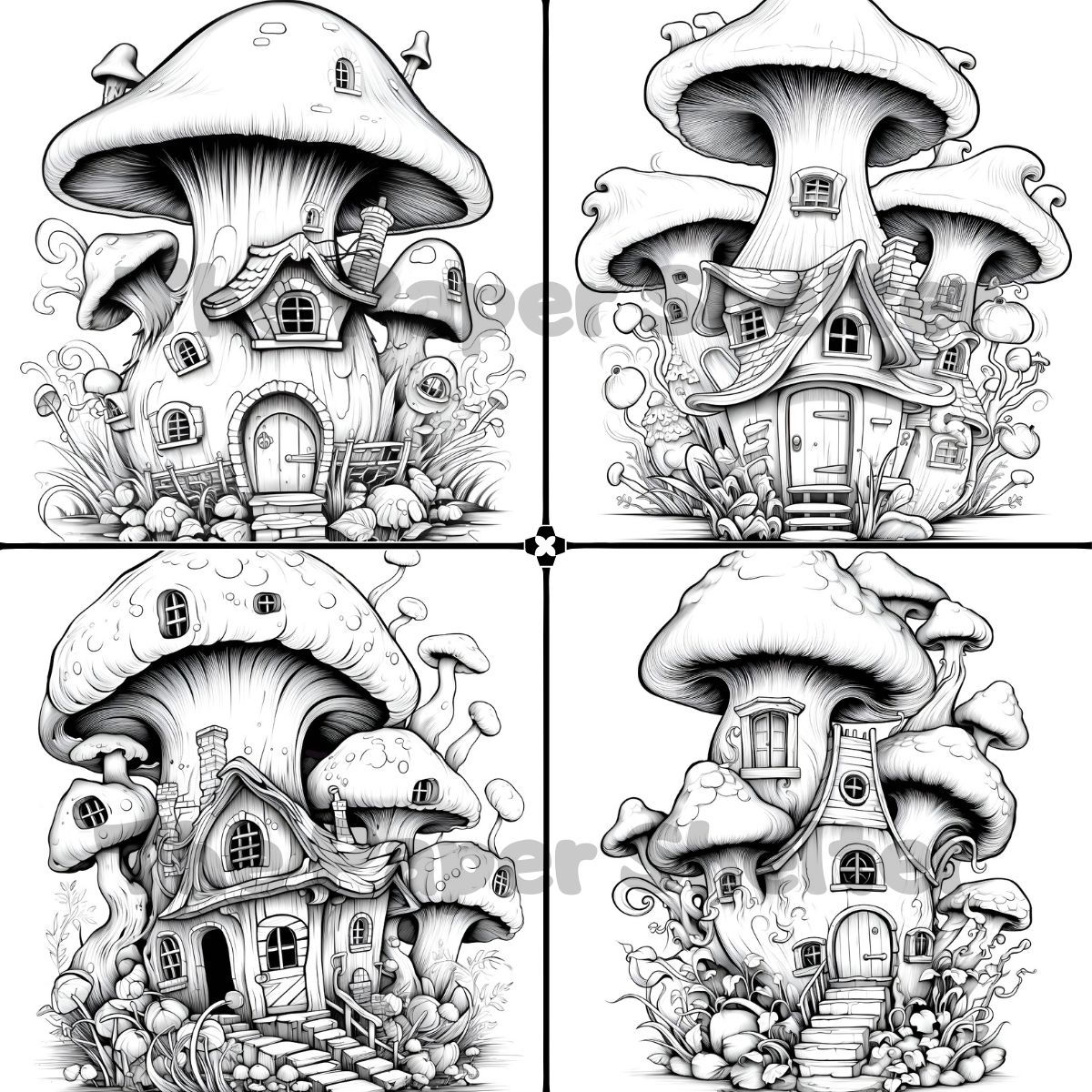 Enchanted Mushrooms Houses - Digital Coloring Book - Click Image to Close