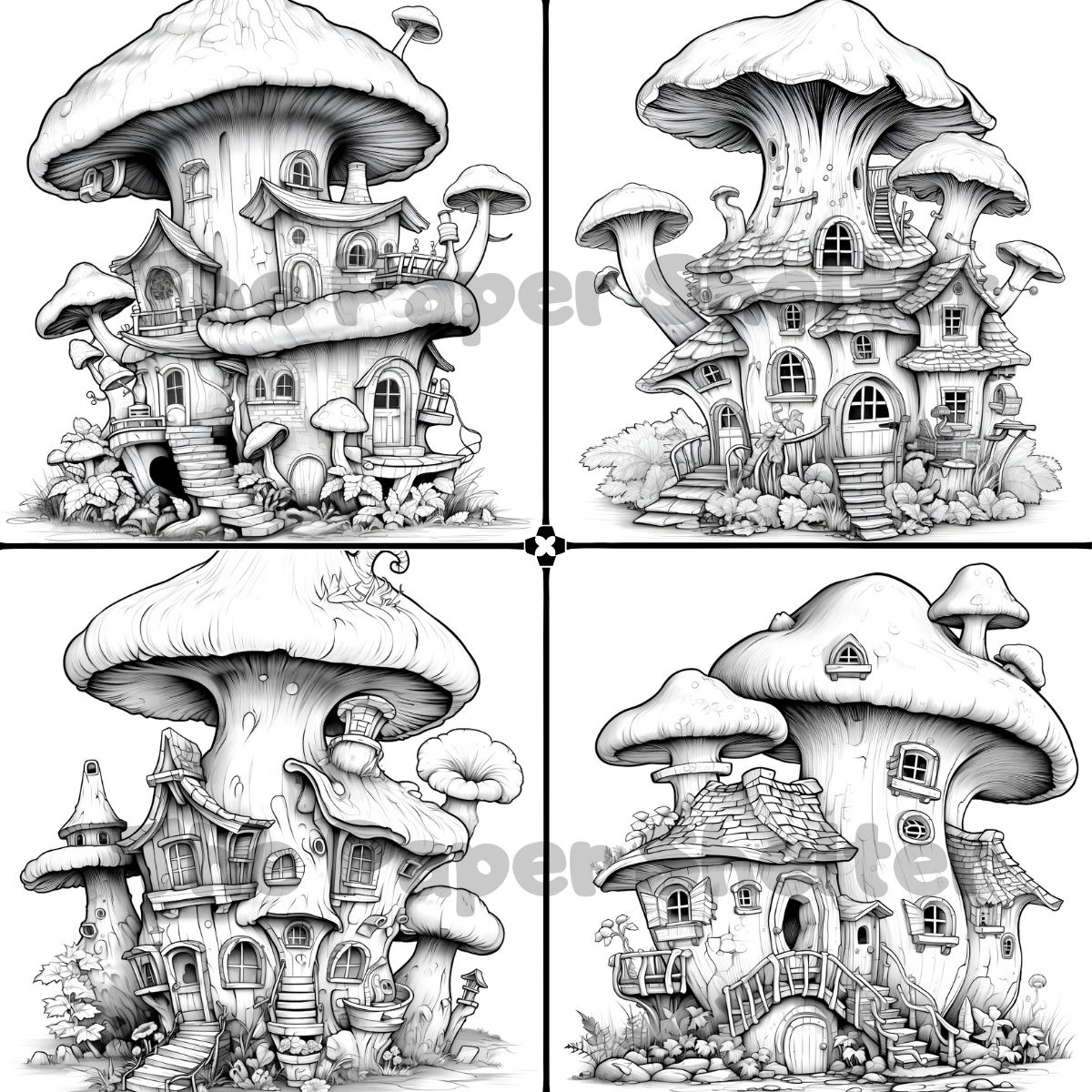 Enchanted Mushrooms Houses - Digital Coloring Book