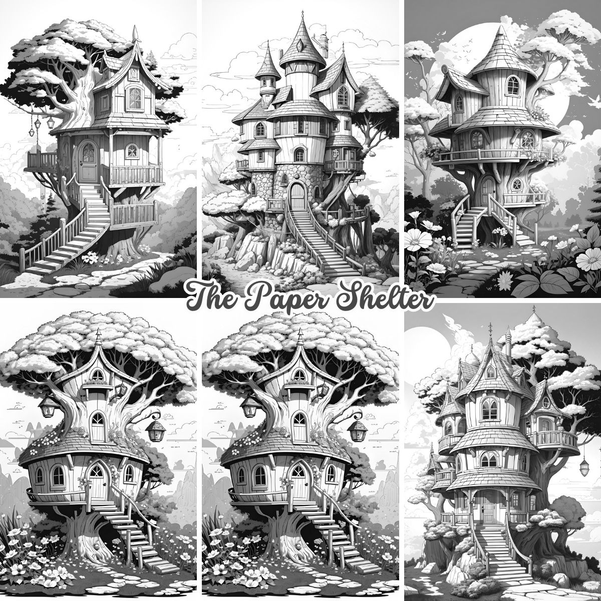 Fairies Tree Houses - Digital Coloring Book