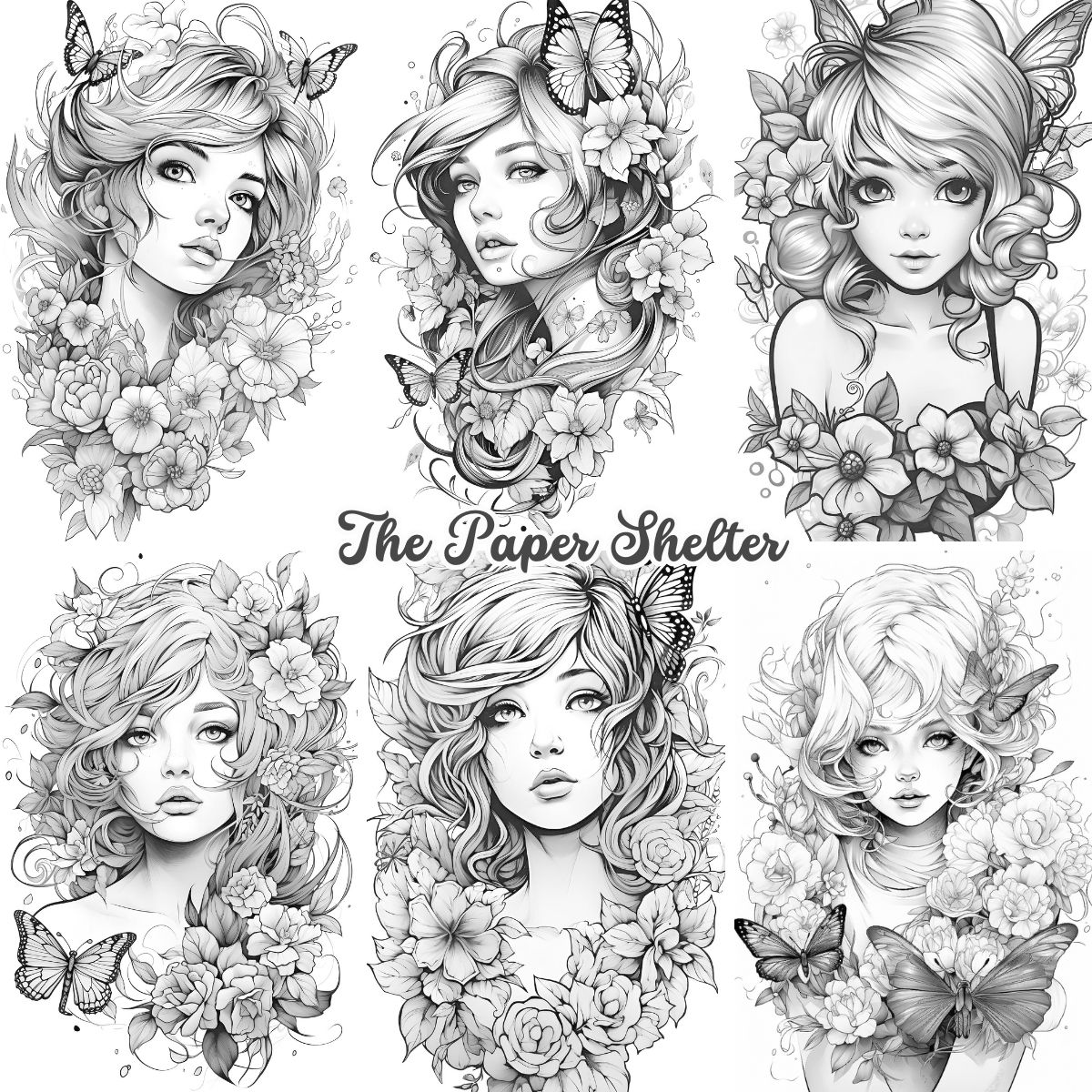 Fairy Floral Portraits - Digital Coloring Book - Click Image to Close
