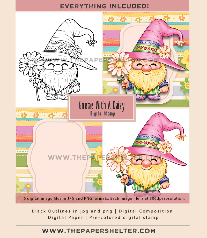 Gnome With A Daisy - Digital Stamp - Click Image to Close