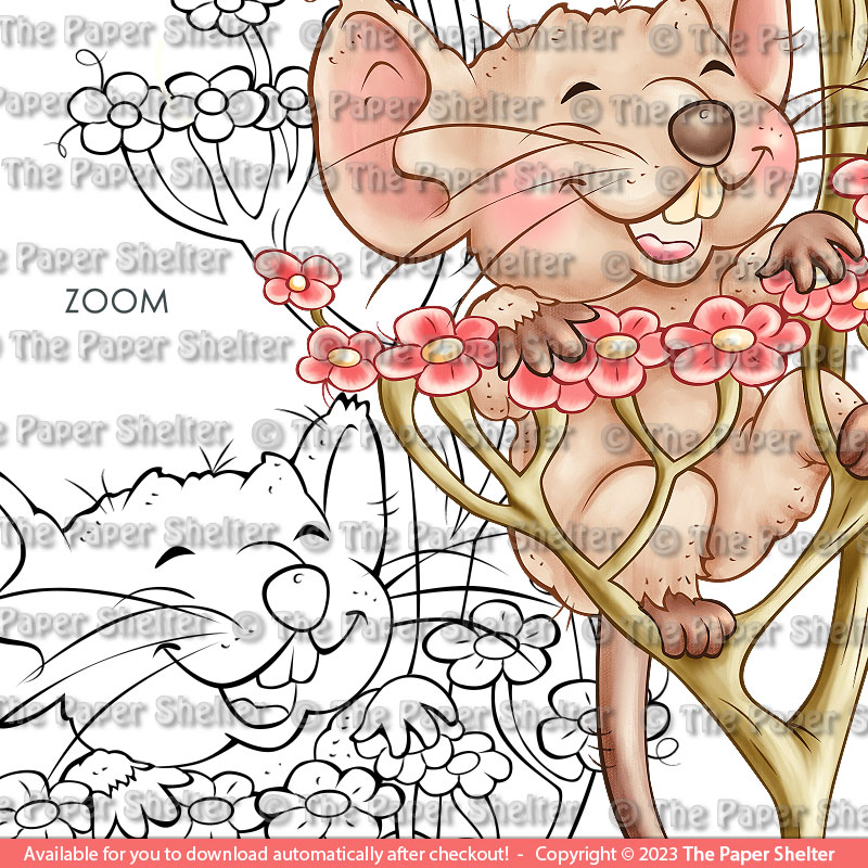Happy Little Mouse With Flowers - Digital Stamp - Click Image to Close