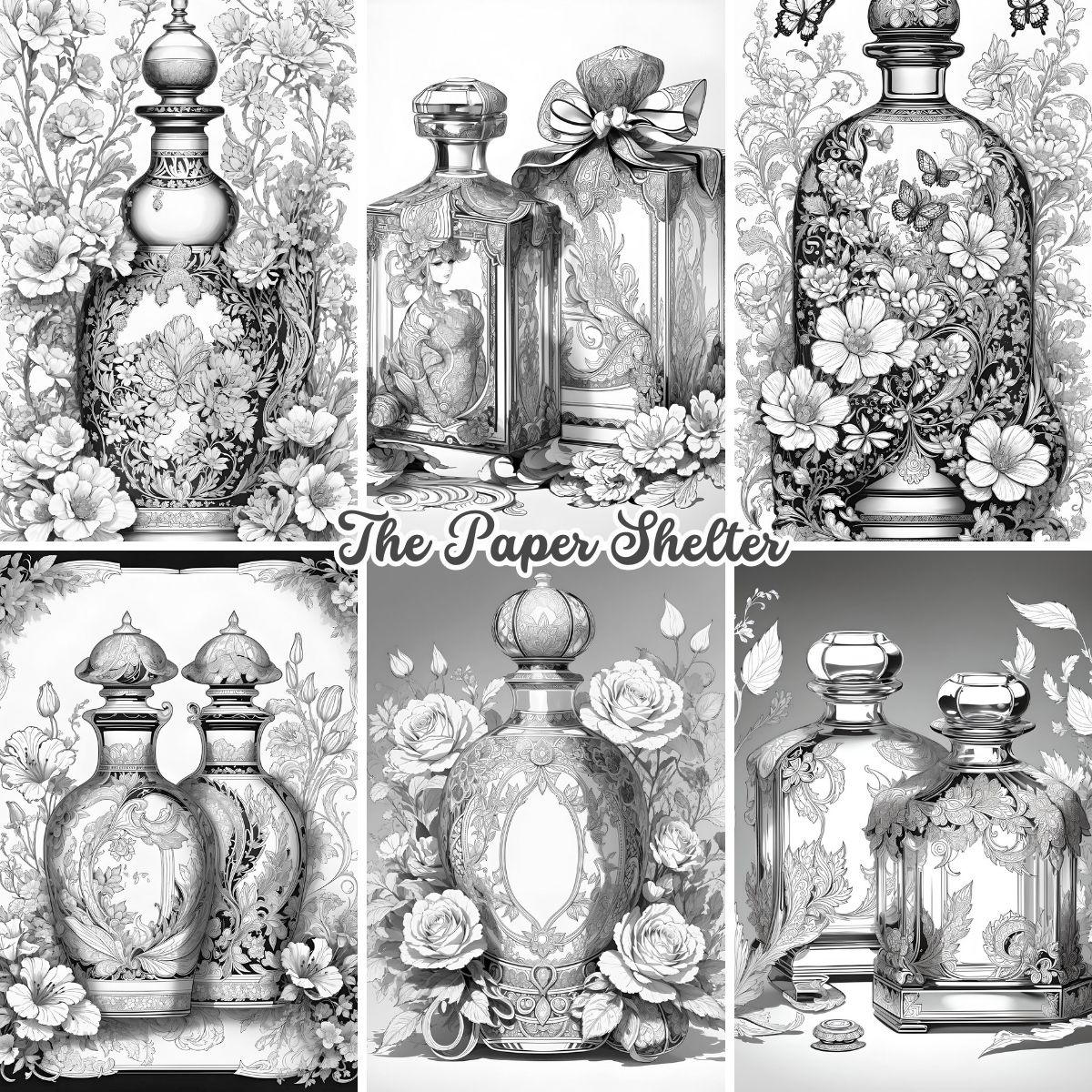 Intricate Vintage Bottles - Digital Coloring Book