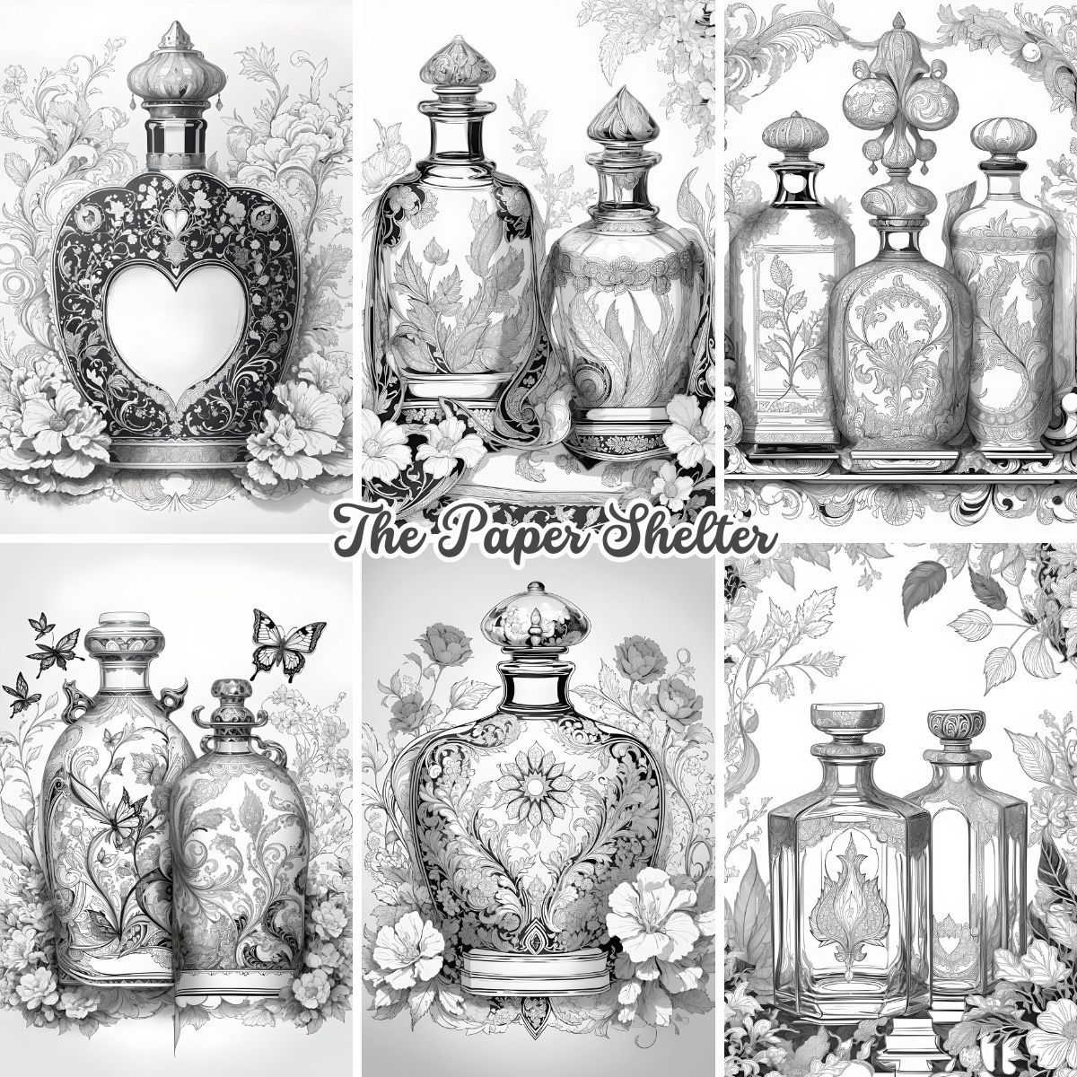 Intricate Vintage Bottles - Digital Coloring Book - Click Image to Close