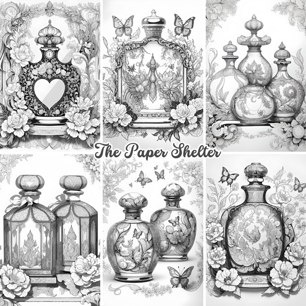 Intricate Vintage Bottles - Digital Coloring Book - Click Image to Close