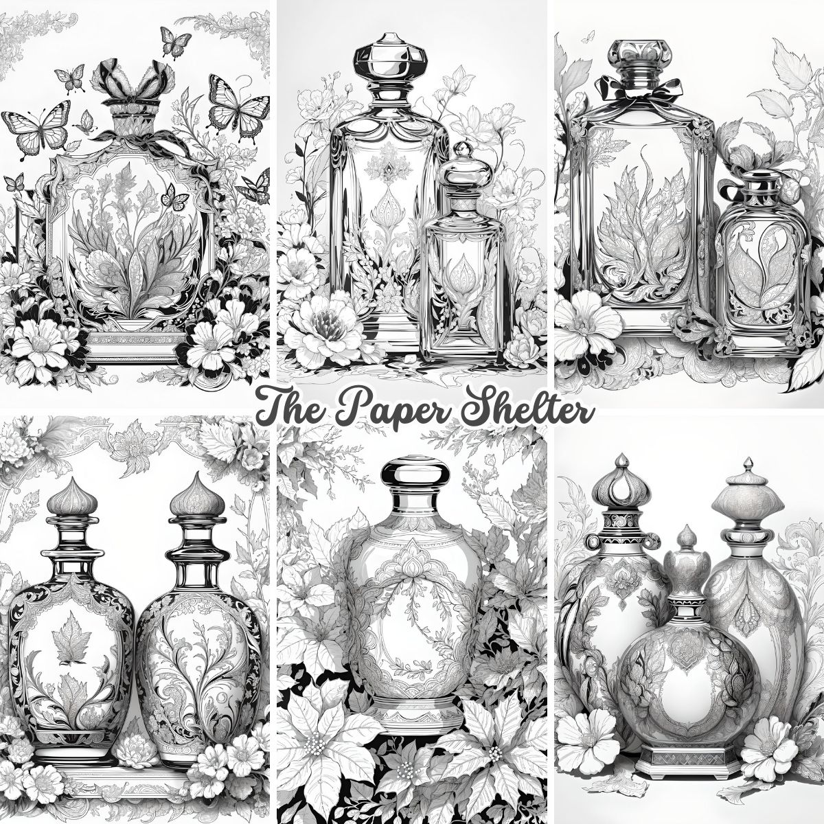 Intricate Vintage Bottles - Digital Coloring Book