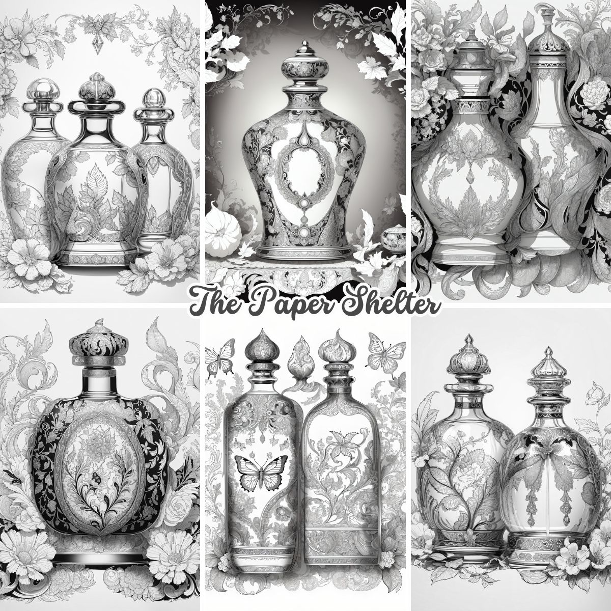 Intricate Vintage Bottles - Digital Coloring Book - Click Image to Close