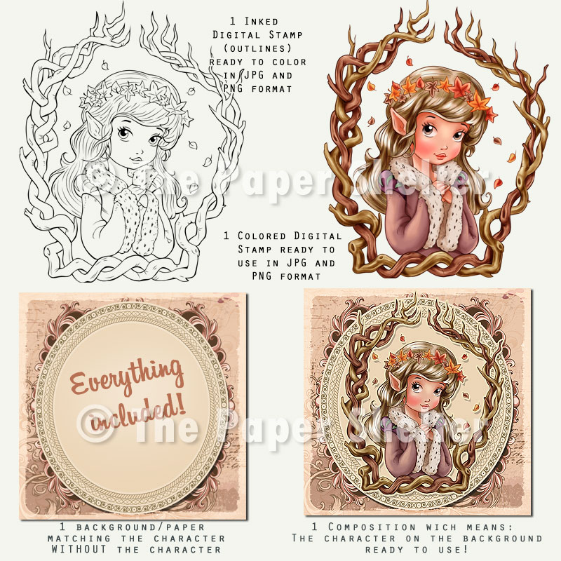Lady Of Falling Leaves - Digital Stamp - Click Image to Close