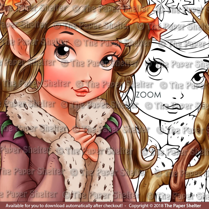 Lady Of Falling Leaves - Digital Stamp - Click Image to Close