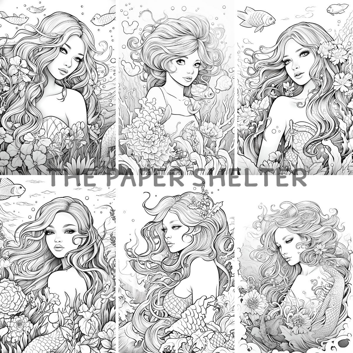 Mermaid Portraits - Digital Coloring Book - Click Image to Close