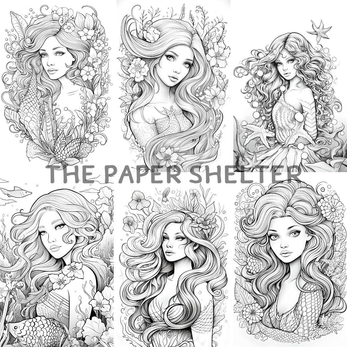 Mermaid Portraits - Digital Coloring Book - Click Image to Close