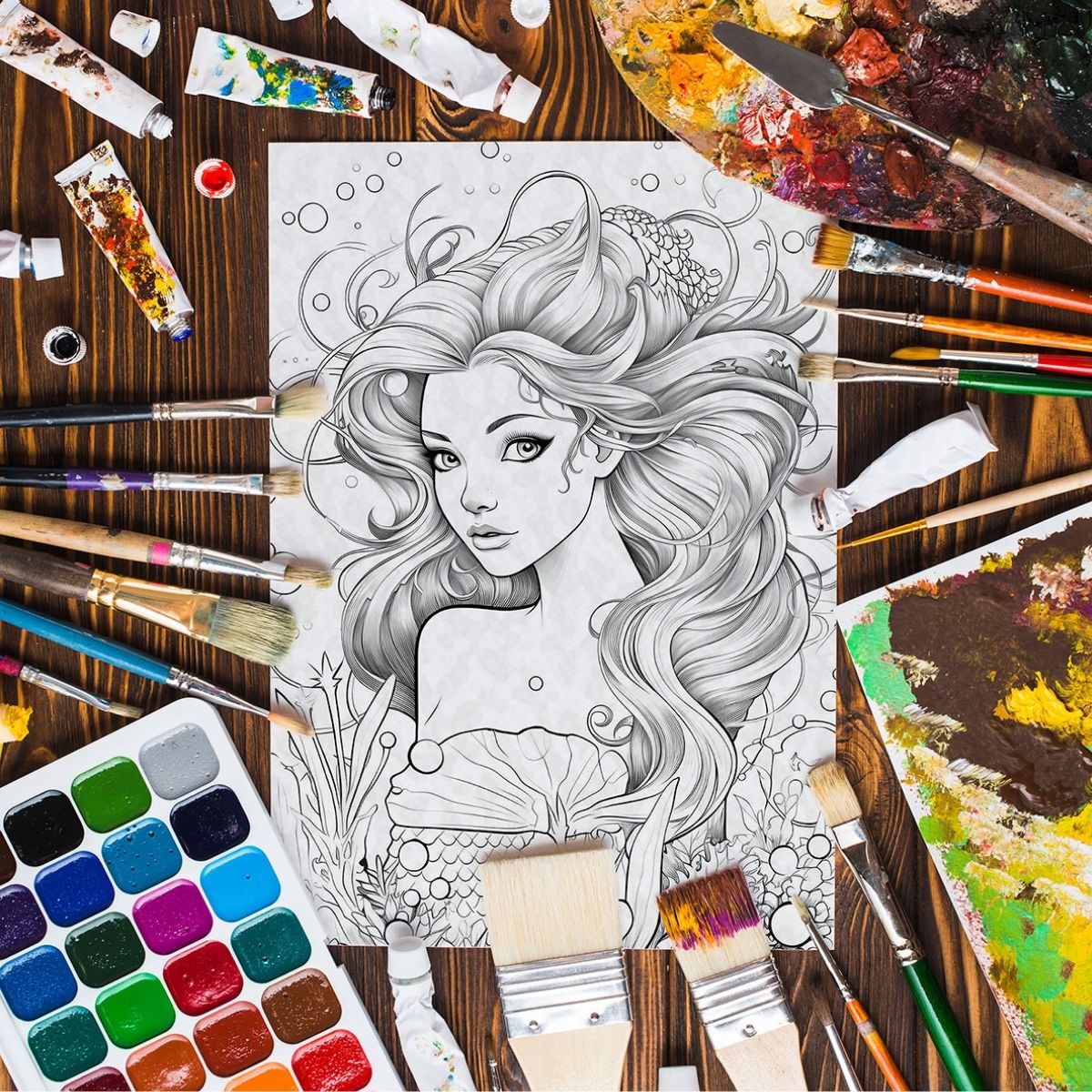 Mermaid Portraits - Digital Coloring Book - Click Image to Close