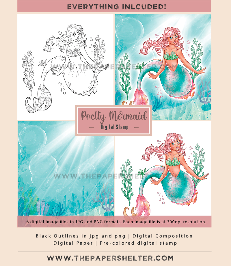 Pretty Mermaid - Digital Stamp