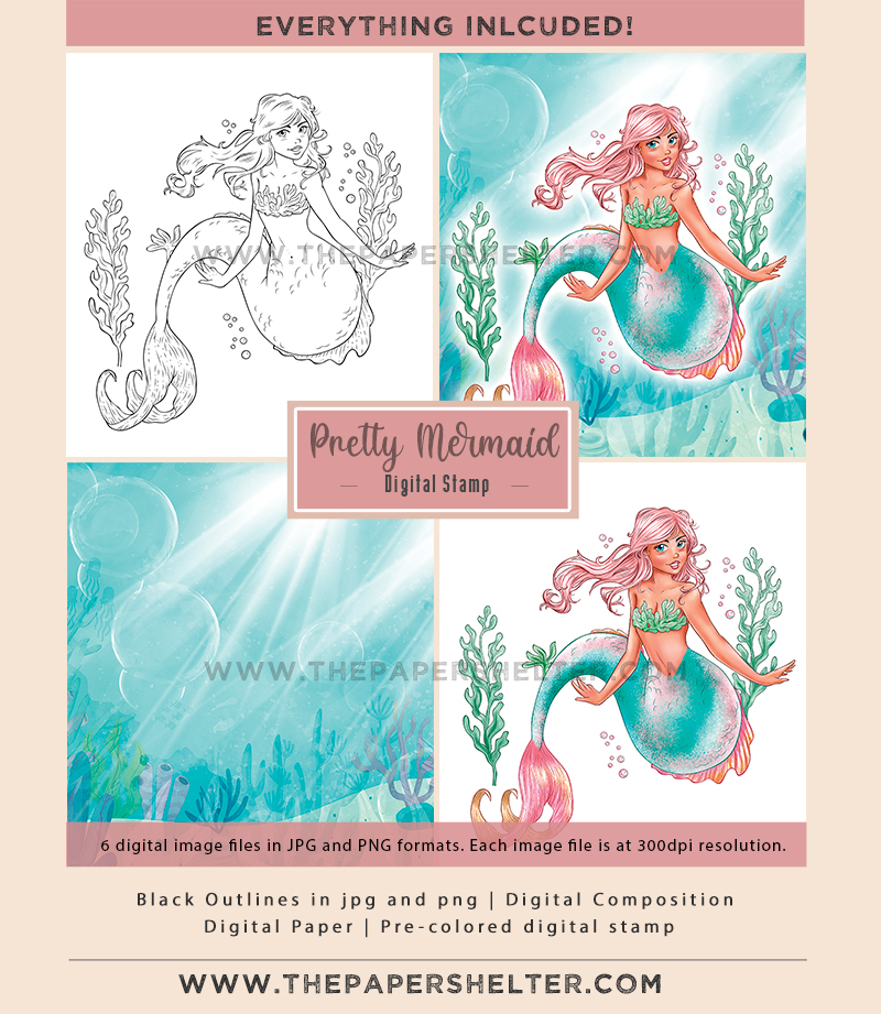 Pretty Mermaid - Digital Stamp - Click Image to Close