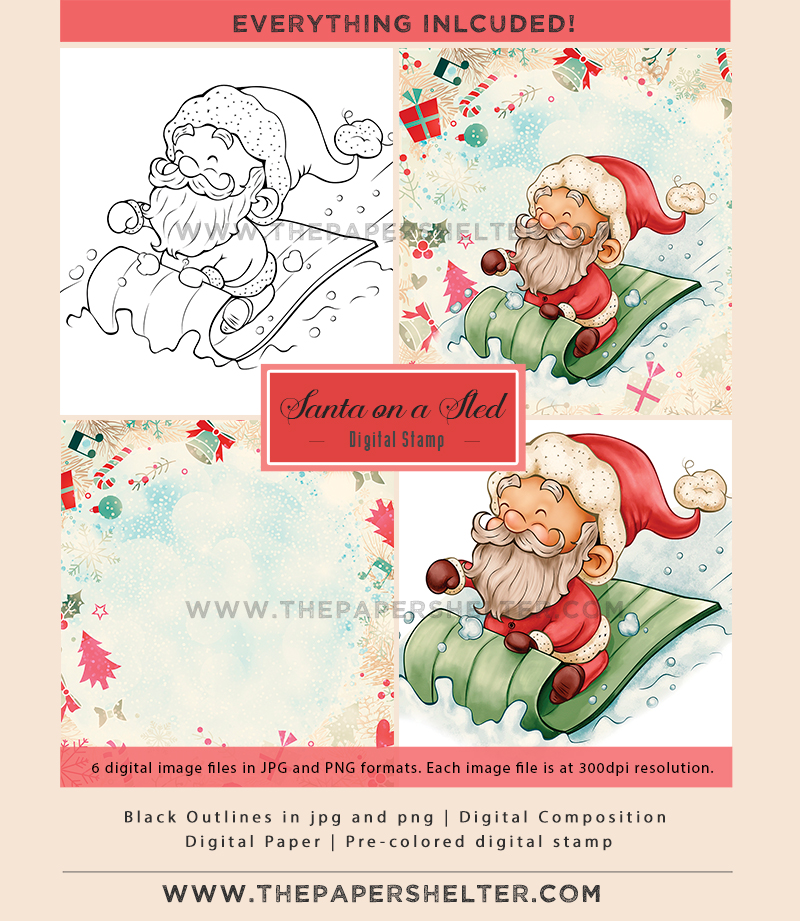 Santa on a Sled - Digital Stamp