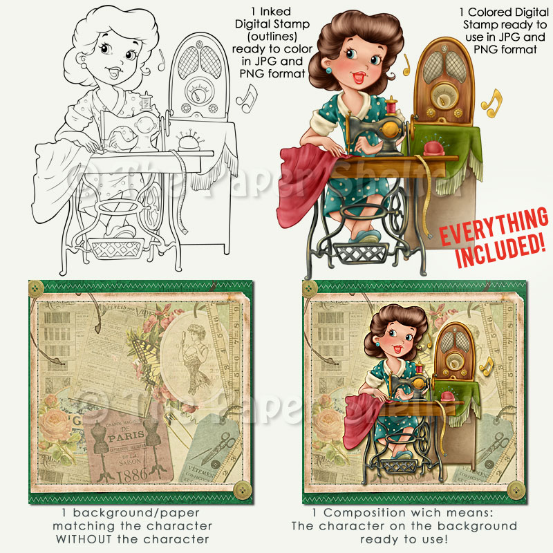 Vintage Seamstress - Digital Stamp - Click Image to Close