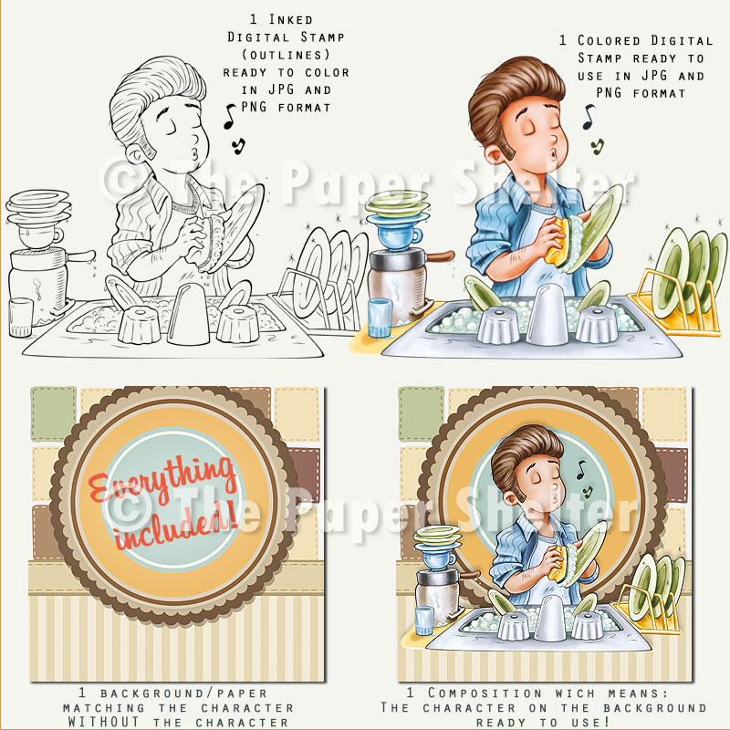 Washing Dishes - Digital Stamp - Click Image to Close