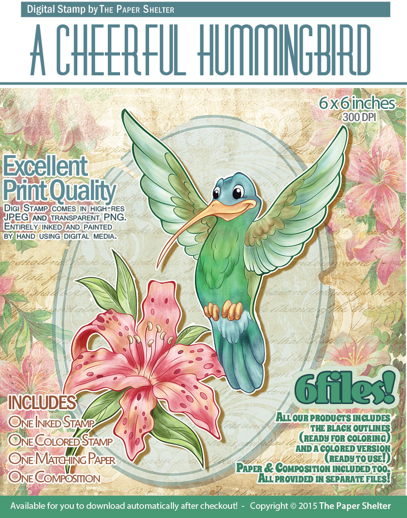A Cheerful Hummingbird - Digital Stamp - Click Image to Close