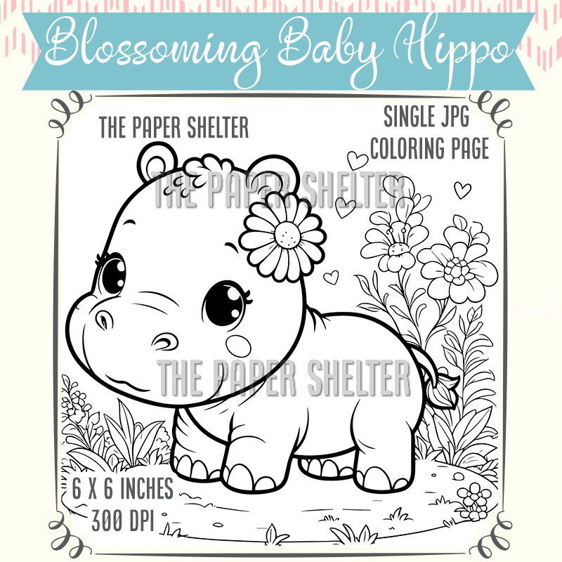 Blossoming Baby Hippo - Single JPG Coloring Page - Click Image to Close