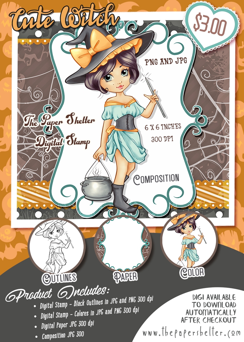 Cute Witch - Digital Stamp - Click Image to Close
