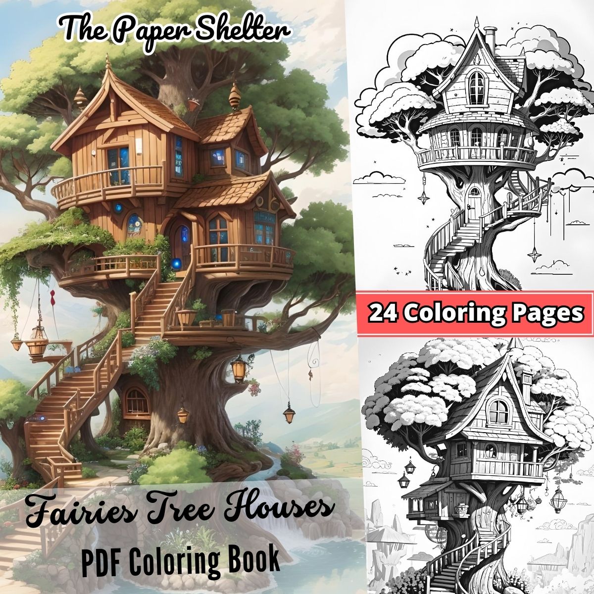 Fairies Tree Houses - Digital Coloring Book - Click Image to Close