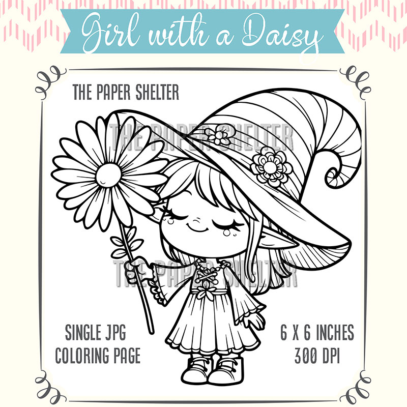 Girl With A Daisy - Single JPG Coloring Page - Click Image to Close