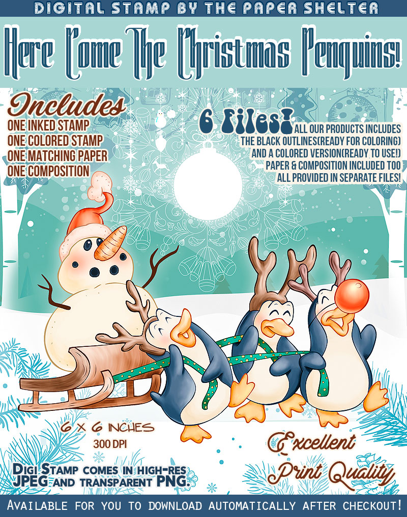 Here come the Christmas Penguins! - Digital Stamp - Click Image to Close