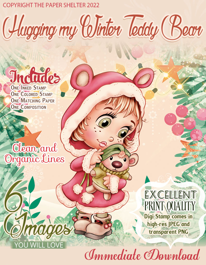 Hugging my Winter Teddy Bear - Digital Stamp - Click Image to Close