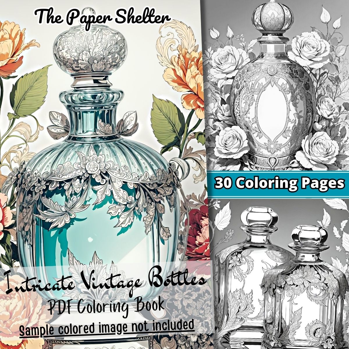 Intricate Vintage Bottles - Digital Coloring Book - Click Image to Close