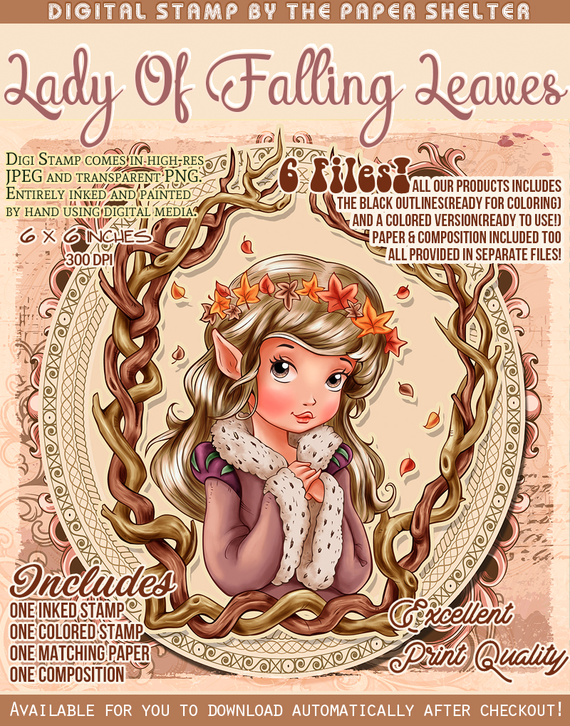 Lady Of Falling Leaves - Digital Stamp - Click Image to Close