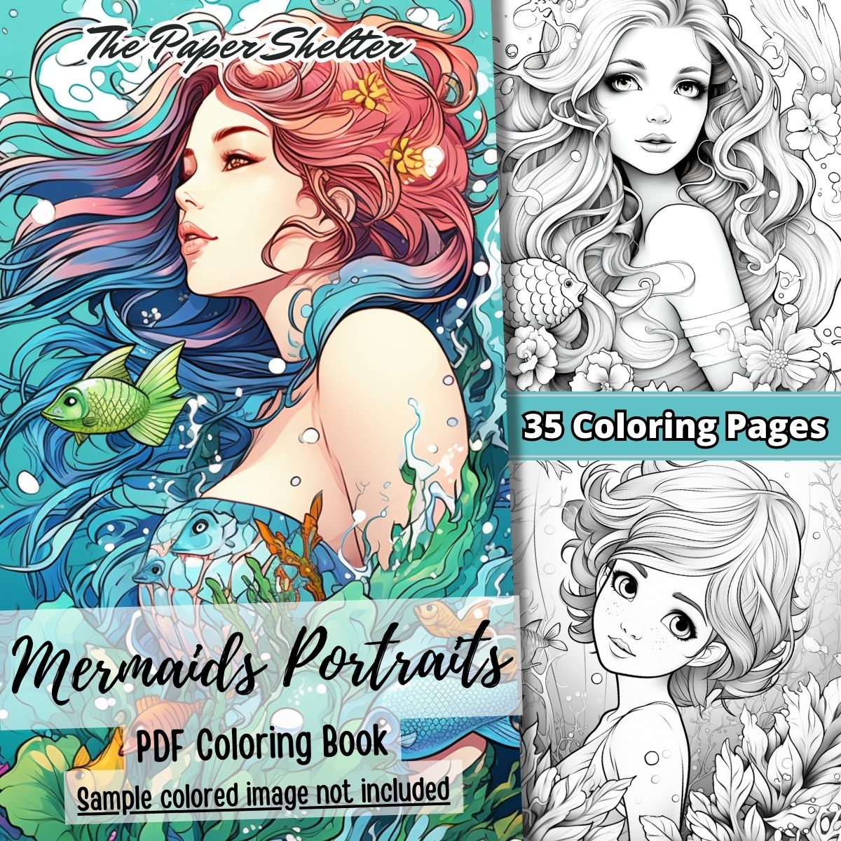 Mermaid Portraits - Digital Coloring Book - Click Image to Close