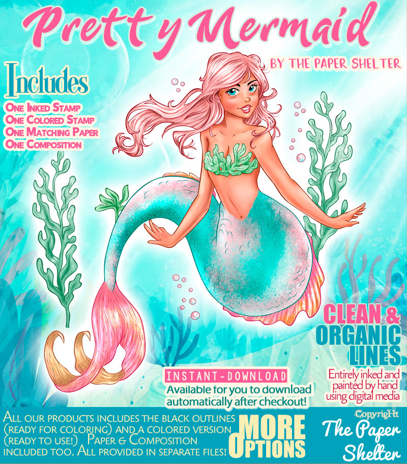 Pretty Mermaid - Digital Stamp - Click Image to Close