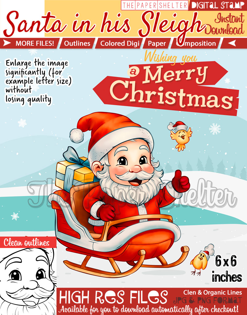 Santa in his Sleigh - Digital Stamp - Click Image to Close