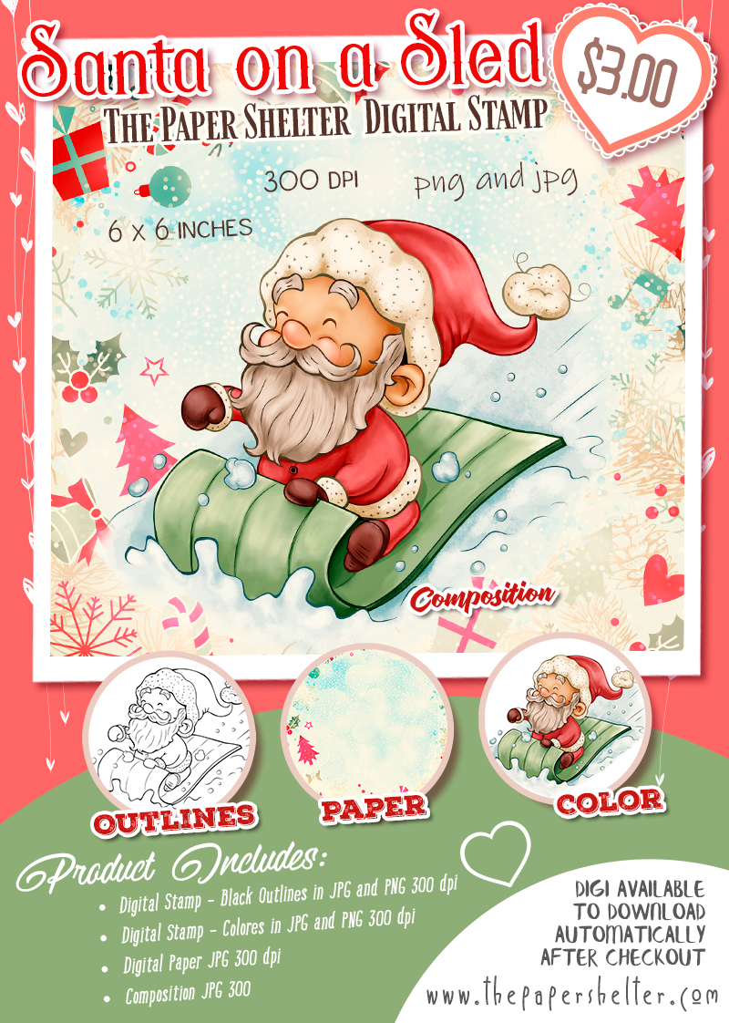 Santa on a Sled - Digital Stamp - Click Image to Close