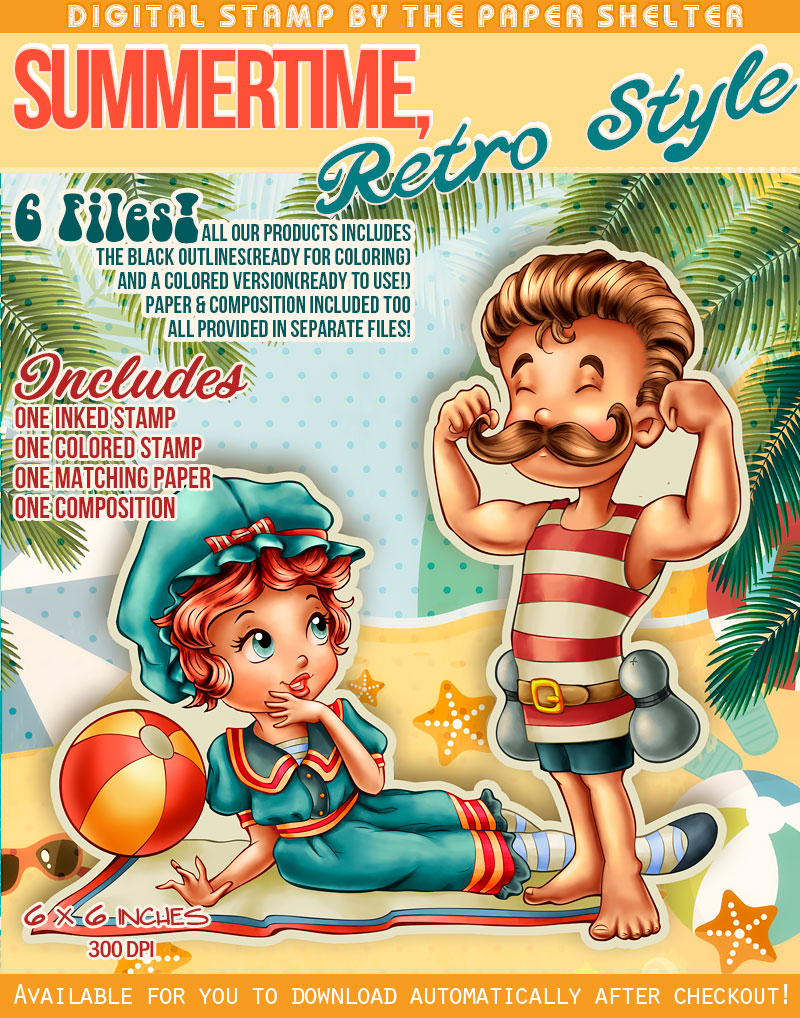 Summertime, Retro Style - Digital Stamp - Click Image to Close