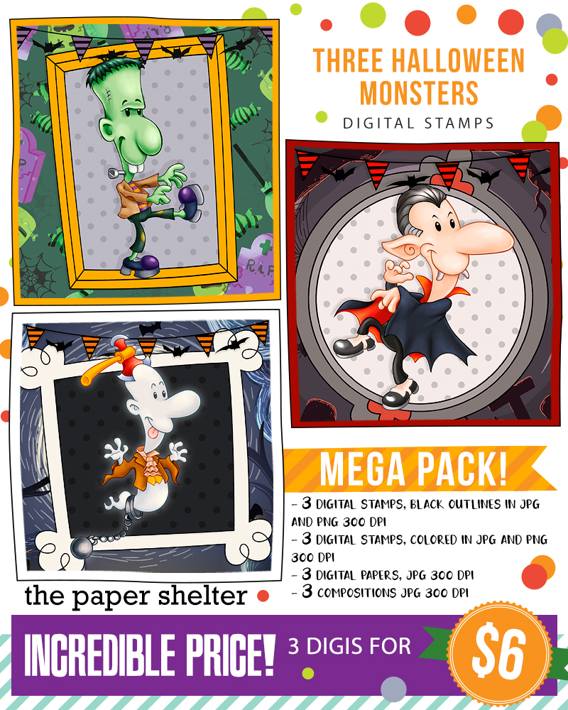 Three Halloween Monsters - Digital Stamp - Click Image to Close