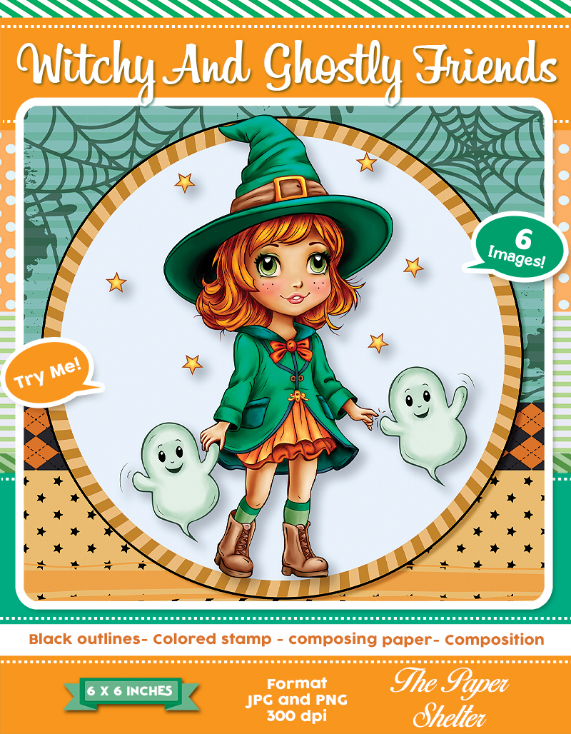 Witchy And Ghostly Friends - Digital Stamp - Click Image to Close